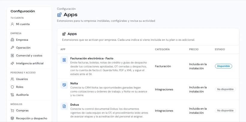Configuración › Apps con el catálogo, el estado y el precio de cada app