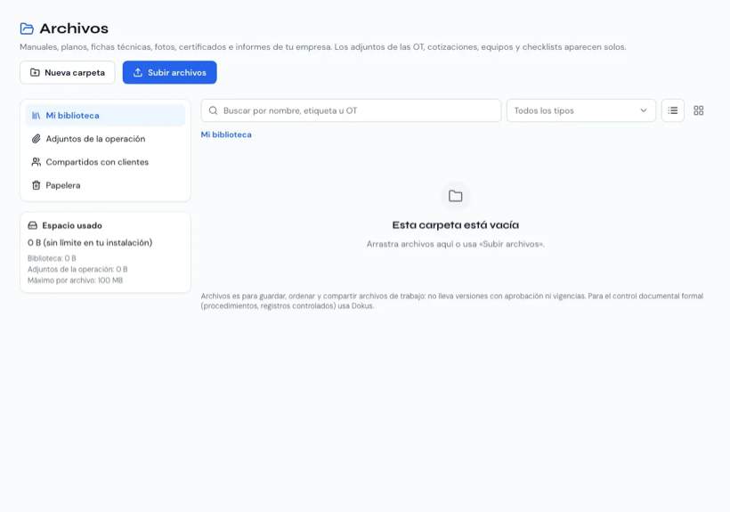Pantalla Archivos con las carpetas a la izquierda, la lista de archivos y el espacio usado