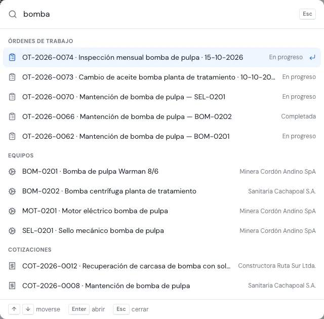 Buscador abierto con resultados agrupados en Páginas, Crear y registros