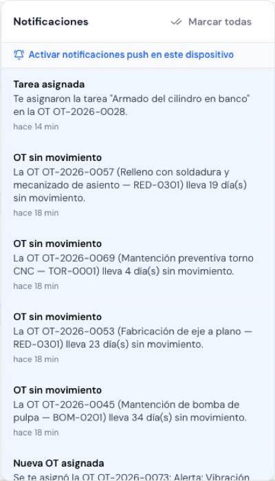 Panel de notificaciones con el botón para activar los avisos en el dispositivo
