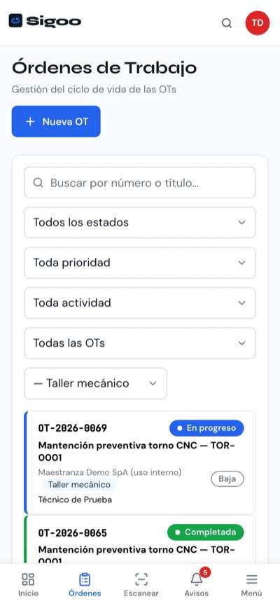 Sigoo en un celular con la barra inferior: Inicio, Órdenes, Escanear, Avisos y Menú