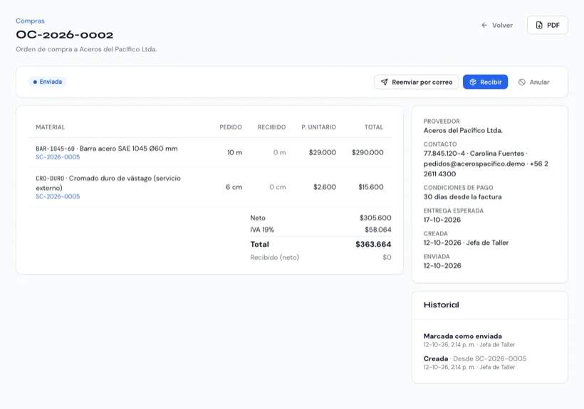 Ficha de una orden de compra con sus materiales y los botones PDF, Enviar al proveedor y Recibir