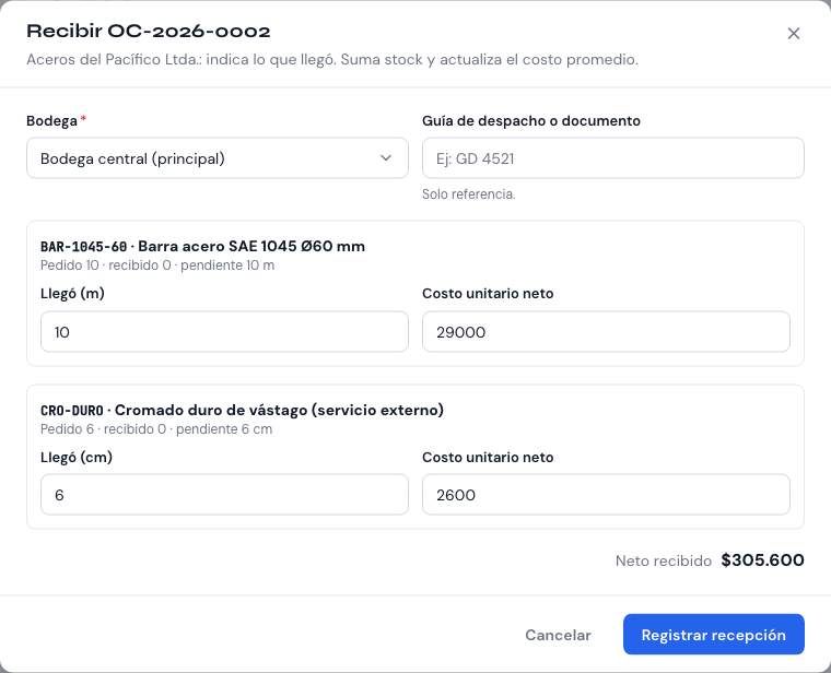 Diálogo de recepción de una orden de compra con cantidades, bodega y costo