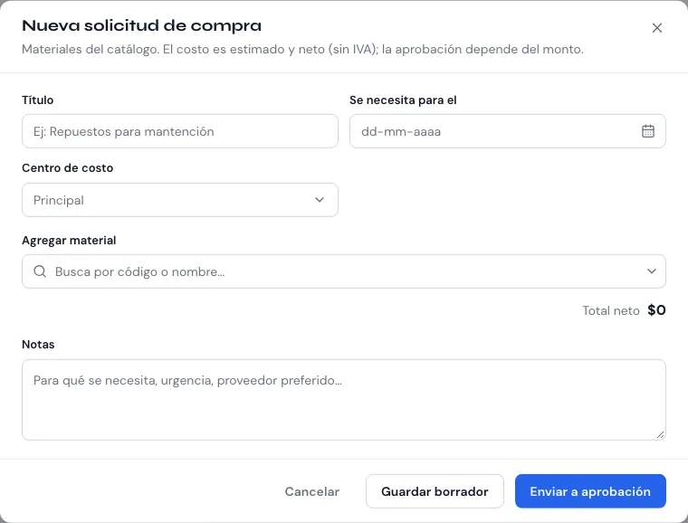 Diálogo «Nueva solicitud de compra» con materiales y total neto estimado