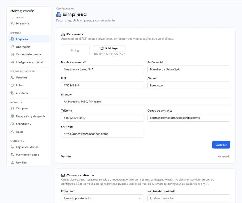 Pantalla Configuración con la lista de secciones a la izquierda