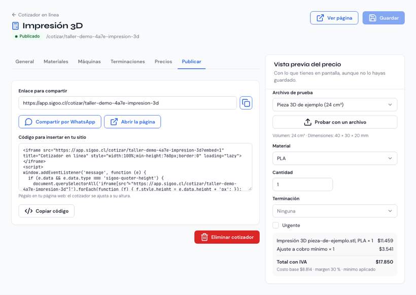 Pestaña Publicar con el enlace para compartir, los botones de WhatsApp y abrir, y el código para insertar en el sitio
