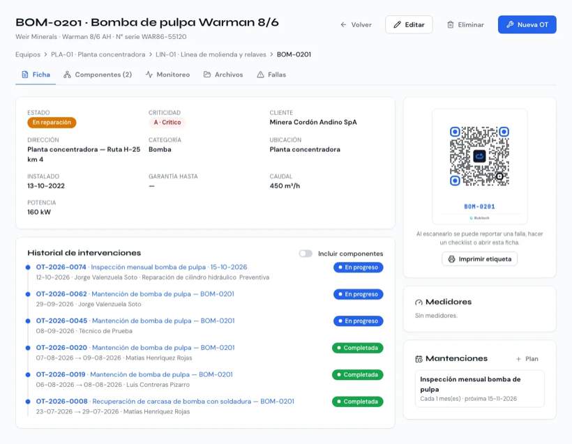 Ficha de un equipo con sus pestañas, su QR, historial y planes de mantención