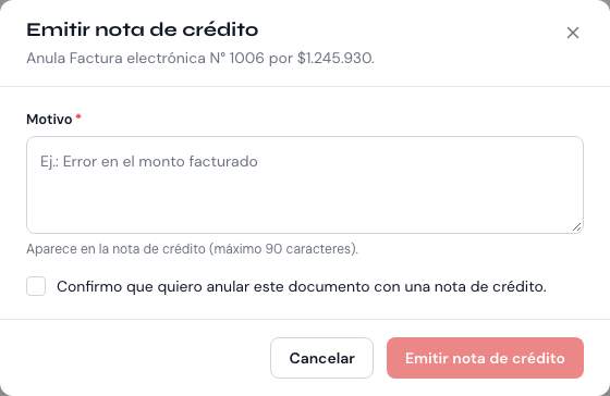 Ventana «Emitir nota de crédito» con el motivo y la casilla de confirmación