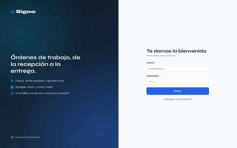 Pantalla «Te damos la bienvenida» con los campos Correo y Contraseña