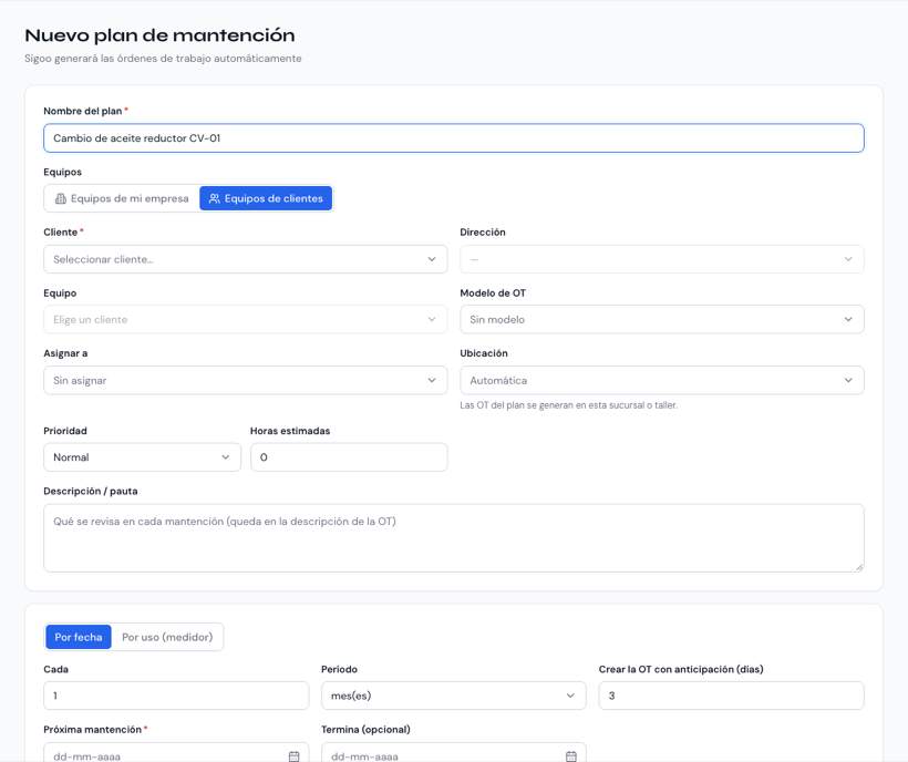 Formulario de un plan de mantención con programación por fecha