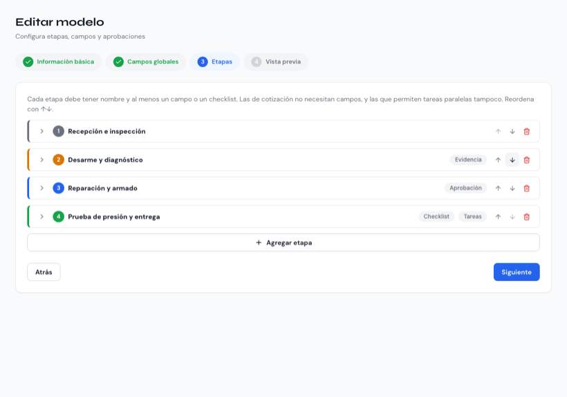 Paso «Etapas» del asistente de modelos con varias etapas