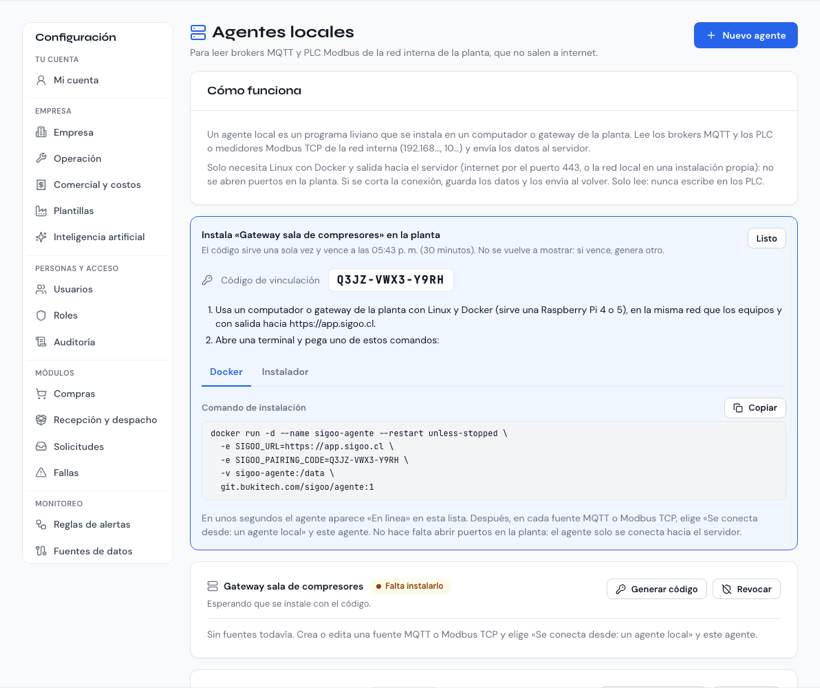 Panel para instalar un agente local con el código de vinculación y las pestañas Docker e Instalador