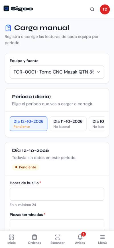 Carga manual en el celular con los períodos y los campos de cada métrica