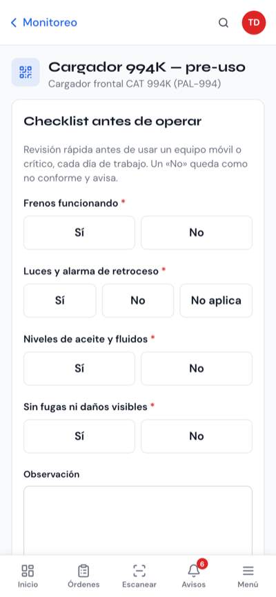 Checklist abierto desde el QR en el celular con preguntas Sí/No y una foto