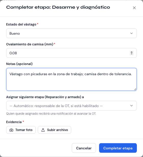 Ventana «Completar etapa» con campos, checklist y evidencia
