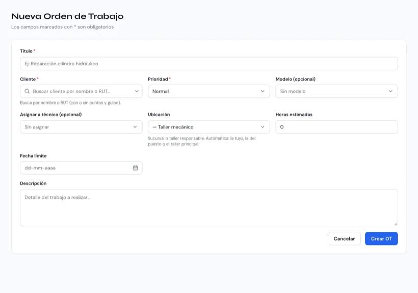 Formulario «Nueva Orden de Trabajo» con título, cliente, prioridad y modelo