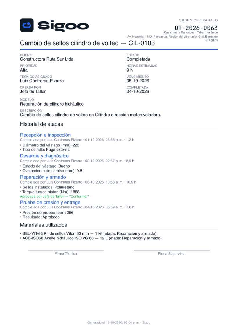Primera página del PDF de una orden de trabajo