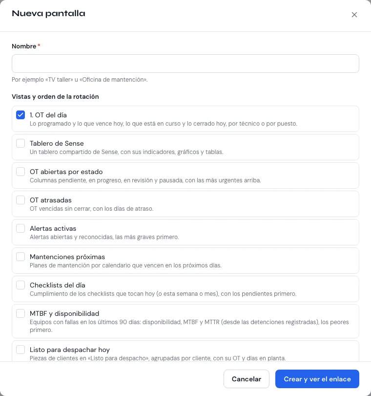 Formulario «Nueva pantalla» con las vistas, los segundos por vista y la ubicación