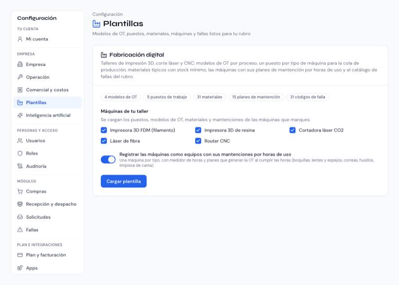 Configuración › Plantillas con el rubro Fabricación digital, lo que incluye y las máquinas para marcar