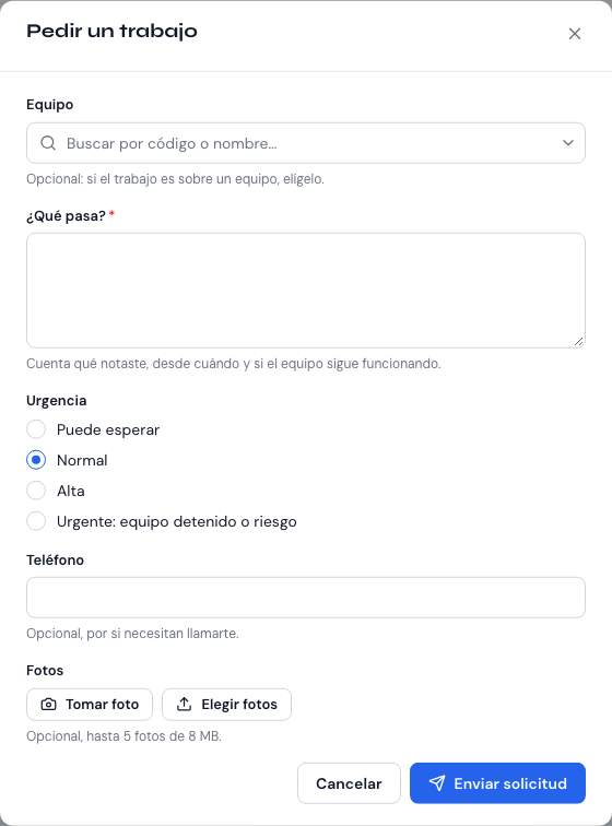 Formulario «Pedir un trabajo» del portal con equipo, descripción, urgencia y fotos