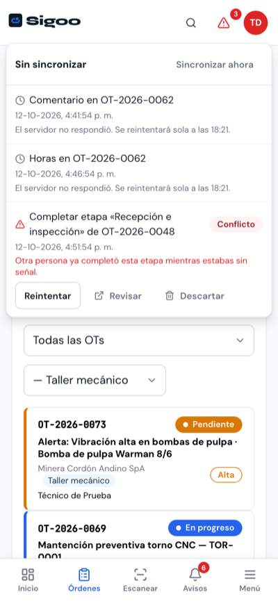 Panel «Sin sincronizar» con acciones pendientes y una con conflicto