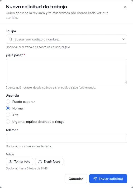 Diálogo «Nueva solicitud de trabajo» con equipo, descripción, urgencia y fotos