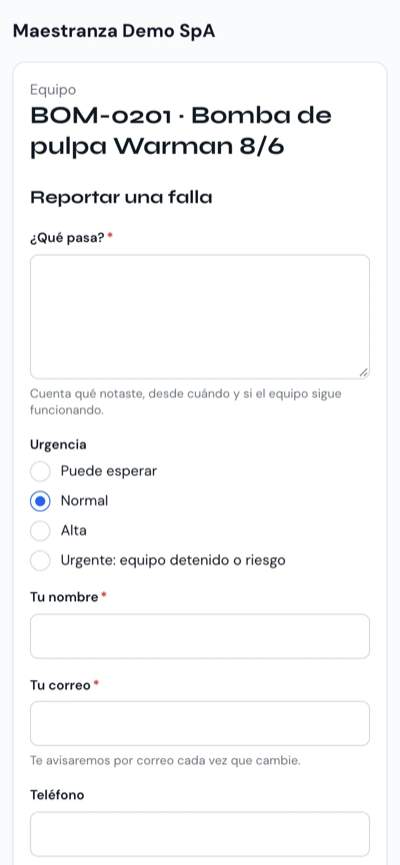 Formulario «Reportar una falla» abierto desde el QR de un equipo, en un celular